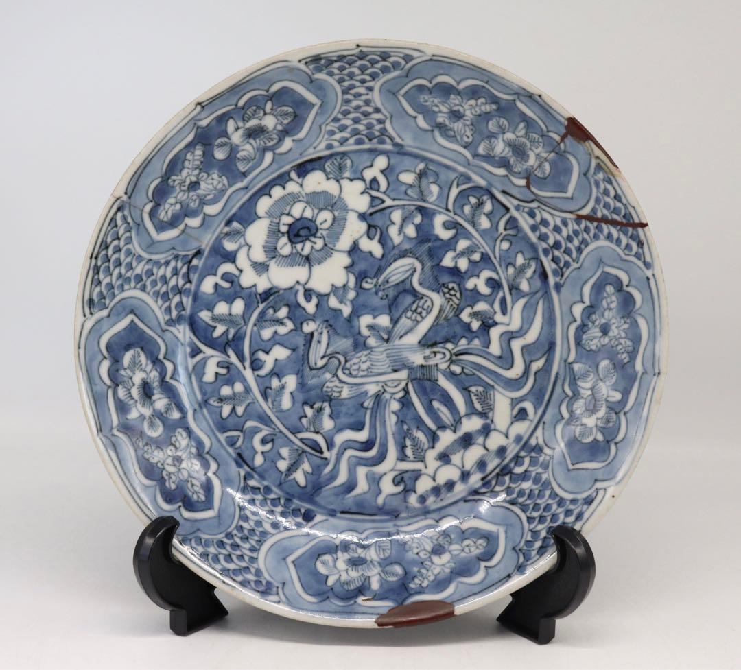 中国　明時代　漳州窯染付牡丹鳳紋大皿　送料込み0821