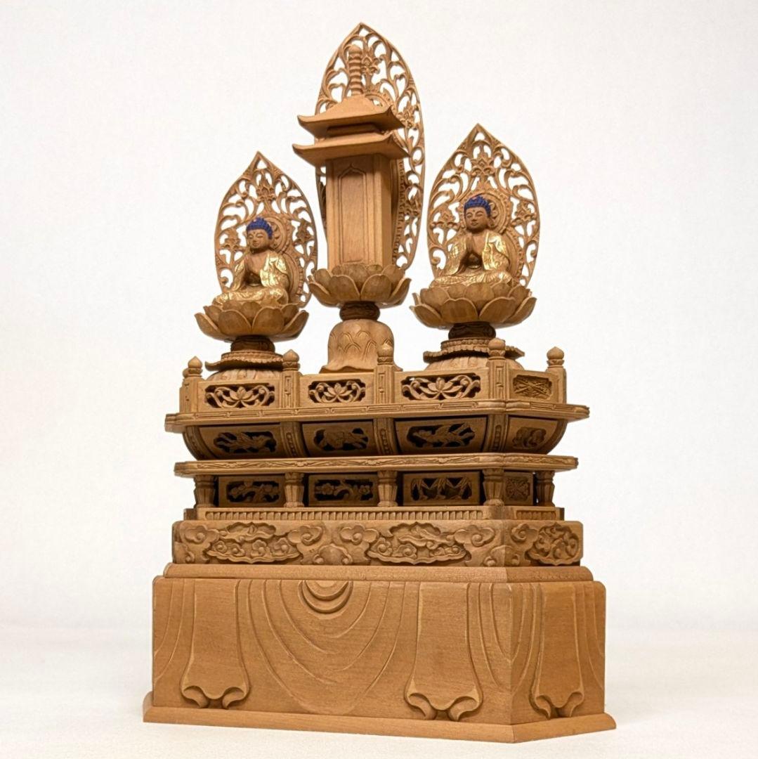 【フォロー割・新品】 三宝尊　金泥　紅檀　上彫り　総高さ約26cm　日蓮宗