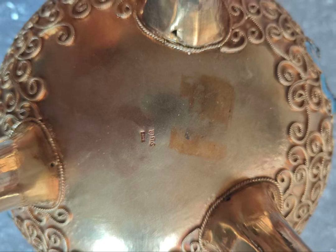 中国美術 銀製 Silver刻印有 七宝 香炉 福壽紋 唐物　622.4g