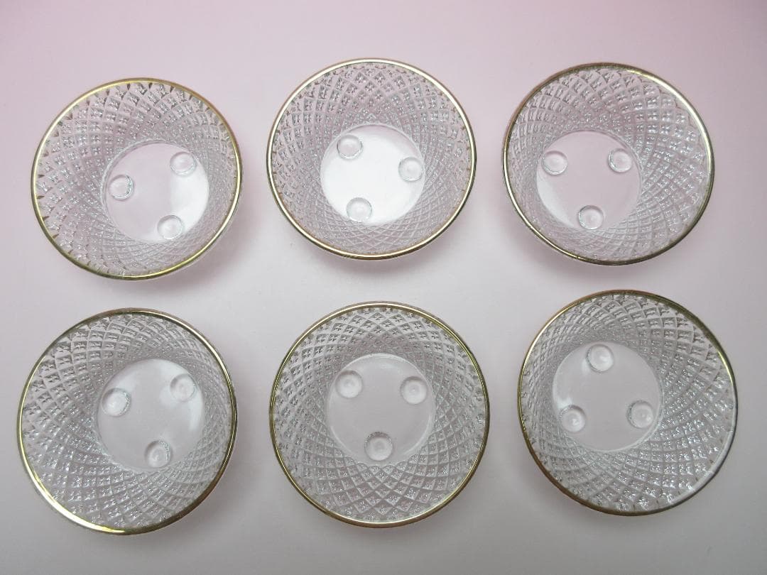 江戸ガラス ギヤマン 金縁 花魚子模様 小鉢 盃 6客 70307