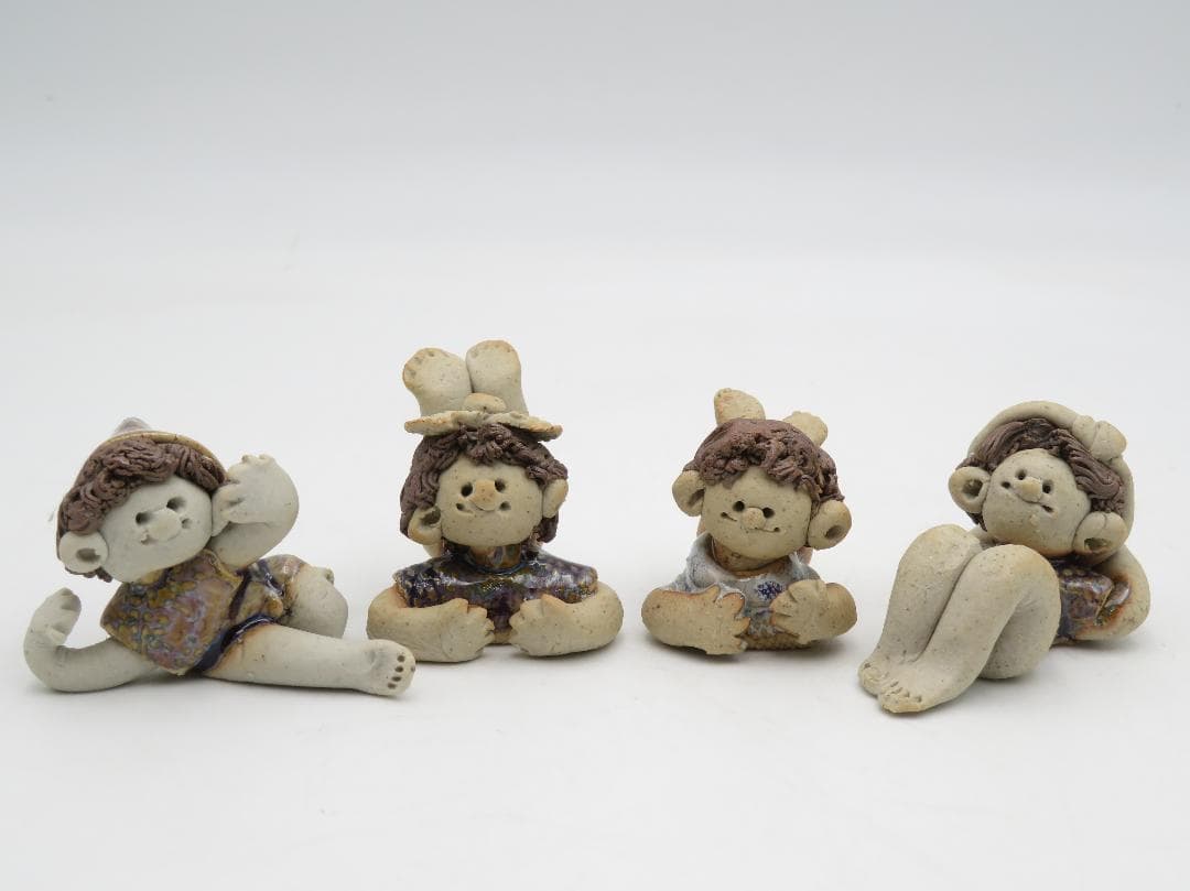 青芳人形 4点セット 陶器人形 森元青芳 砥部焼 オブジェ 置物 インテリア