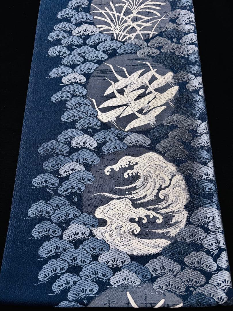 【未使用】藍染 袋帯 六通 満月 松浪鶴