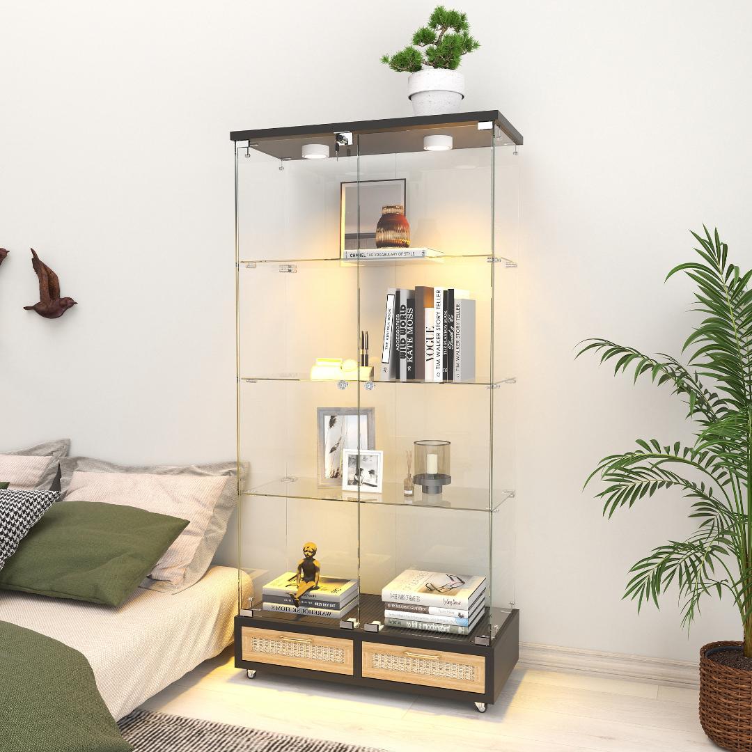 【ブラック+ナチュラル】LED・引出し付 ガラス収納キャビネット4段 両開ドア