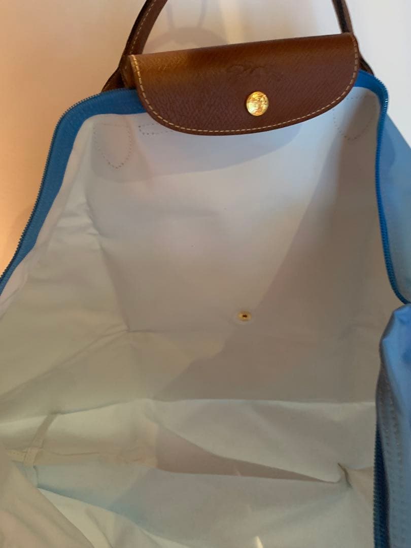 ロンシャン　青いナイロンとレザーのボストンバッグ　大