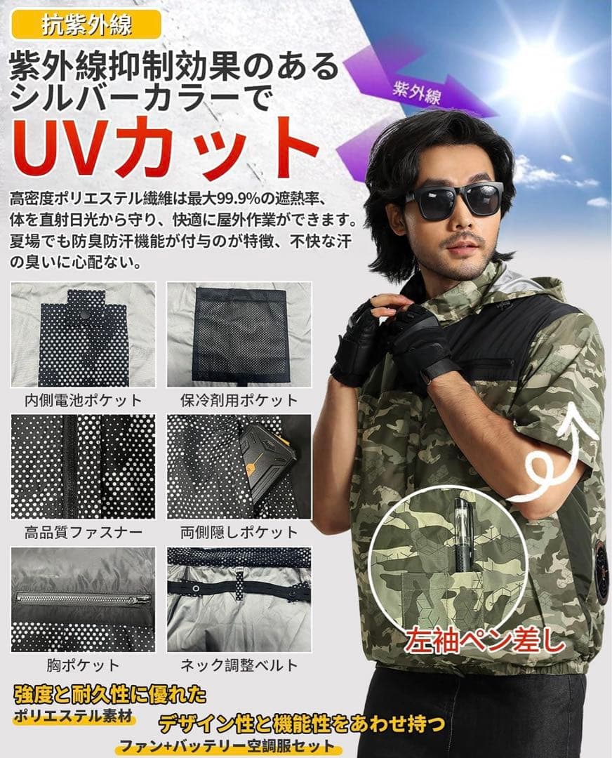 エアコン作業服、半袖、扇風機付き、30000mahバッテリー2XL