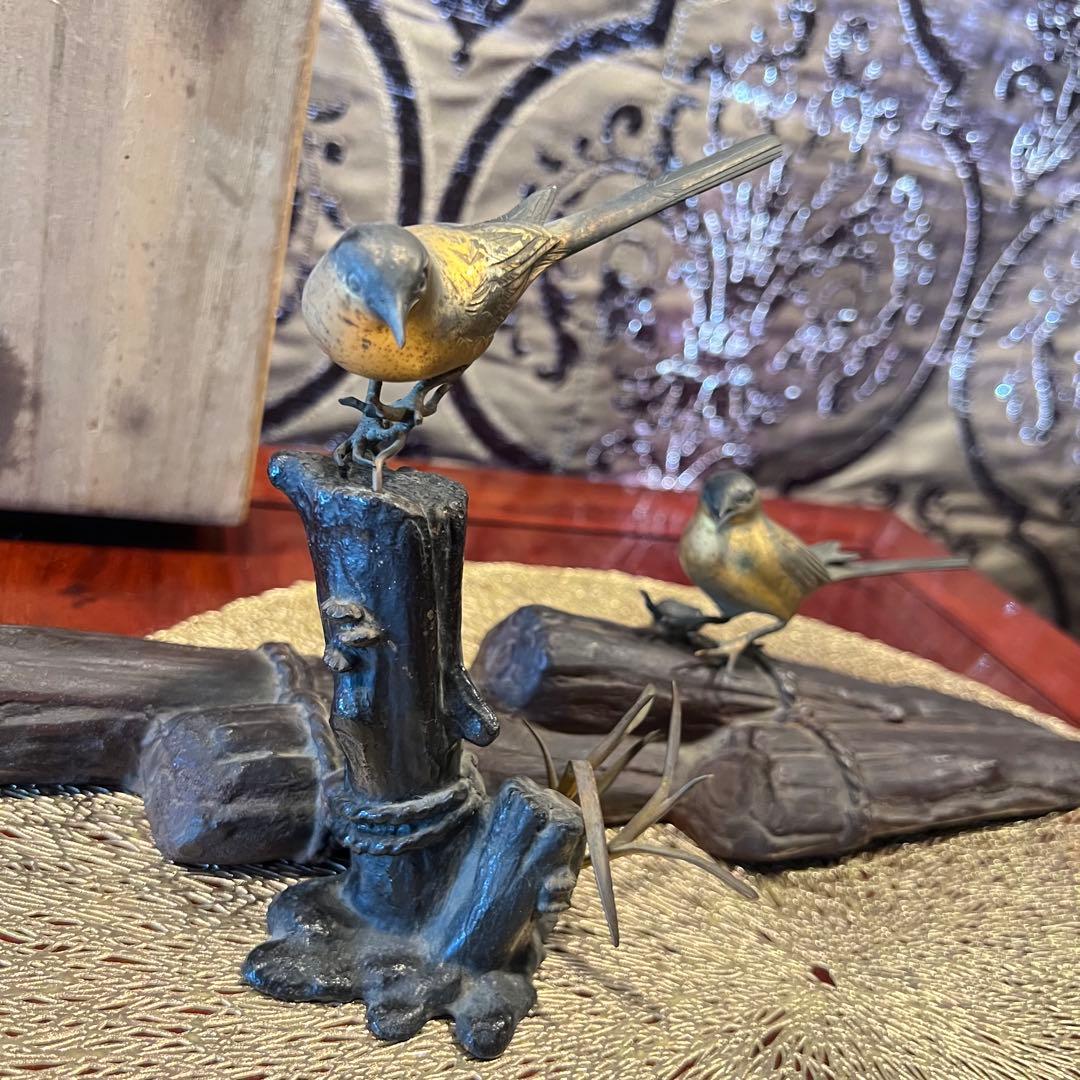 鋳銅製　置物　筏に鶺鴒　いかだにせきれい　筏乗鶺鴒　Japan