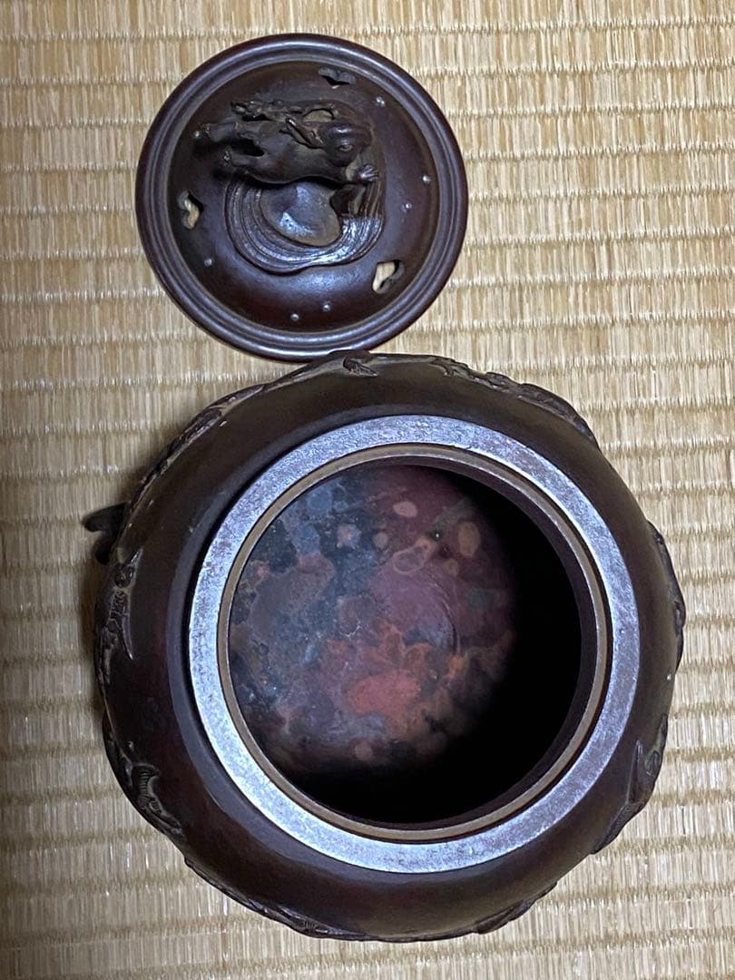 ♦蝋型細密鋳金 象嵌 波乗り兎 波千鳥文 波乗り龍足 香炉 唐金 美術品 骨董品