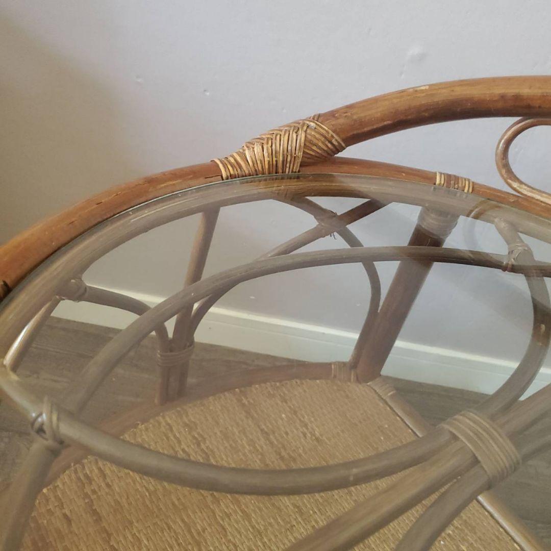 ラタン 円形 ガラステーブル 籐 レトロ アンティーク キャスター付き