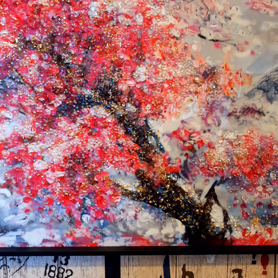 輸入雑貨　クリスタルアート　『月下の富士山と桜』　水晶石　フレーム付き