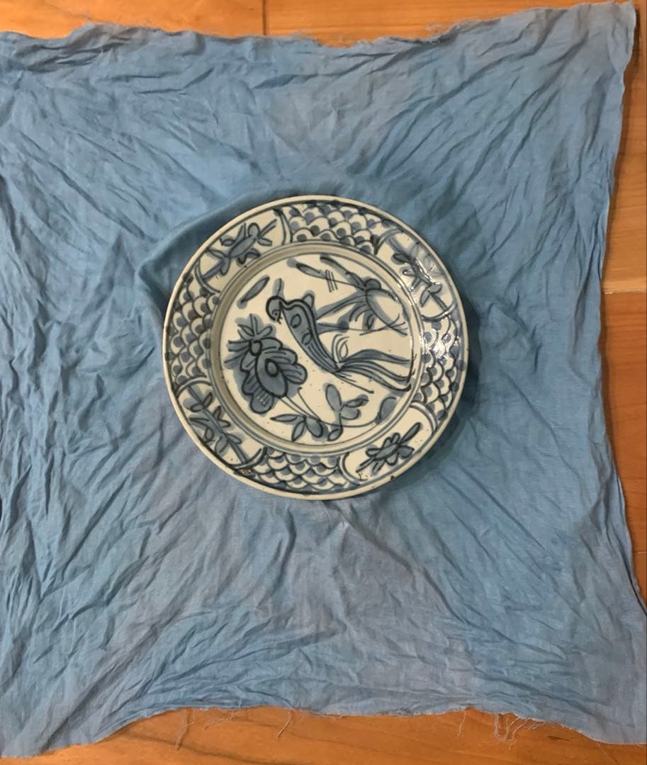 中国　漳州窯　青花花鳥文皿　明時代末期