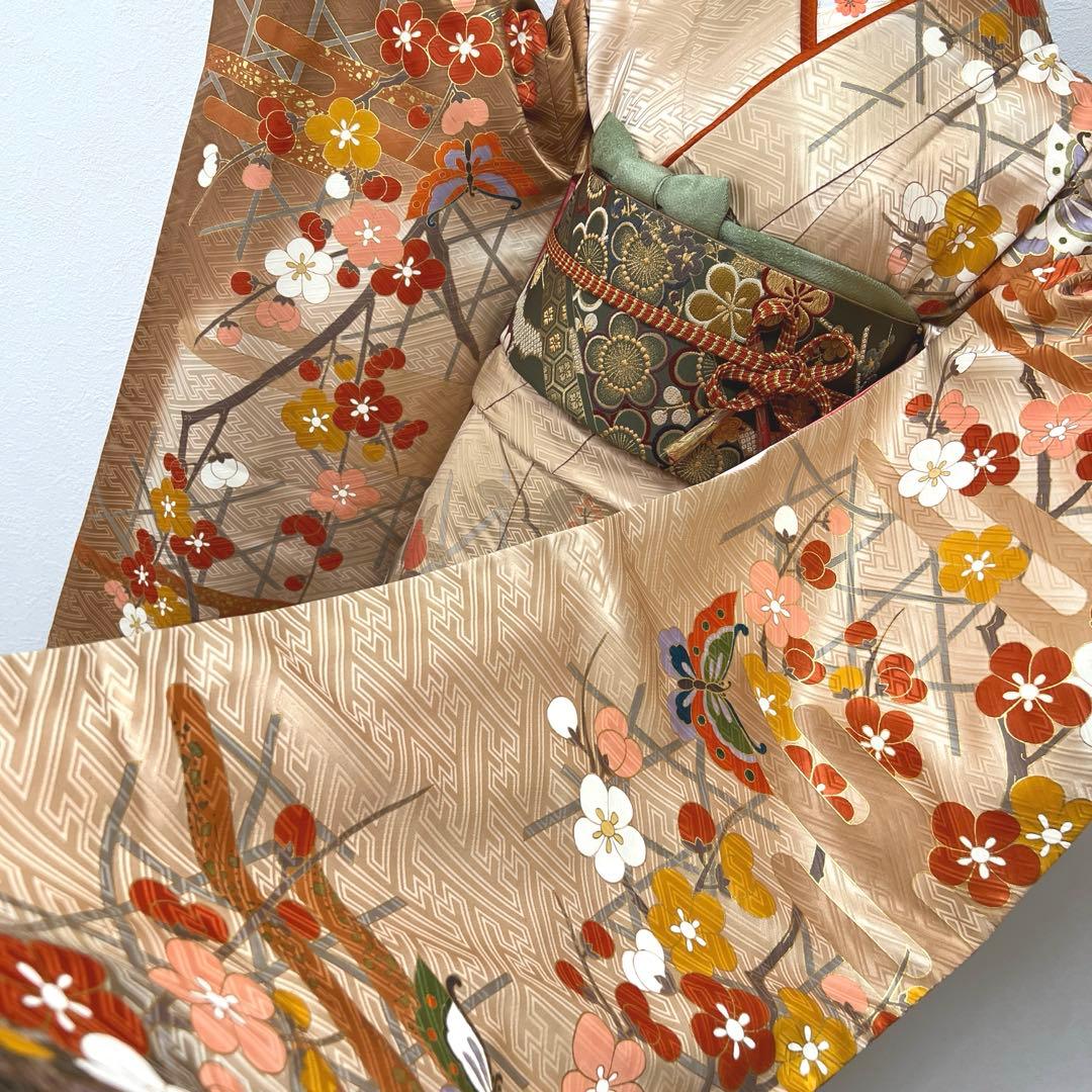 370 振袖フルセット 正絹 ベージュ 茶 金彩 駒刺繍 暈し染め アースカラー