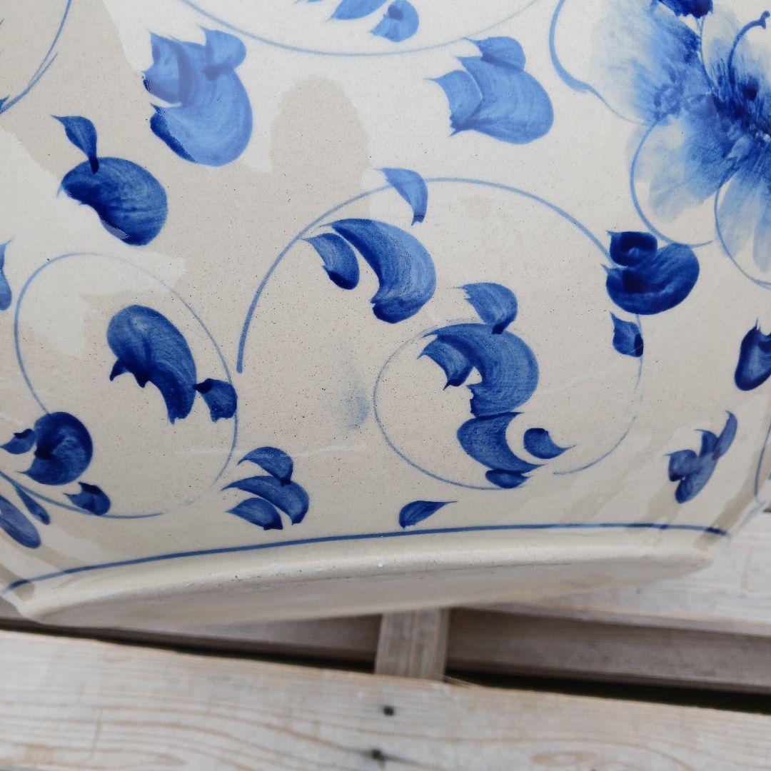 新品　∅50　陶器　睡蓮鉢　大型　メダカ鉢　難有　手書き絵　花柄　手造りLKB4