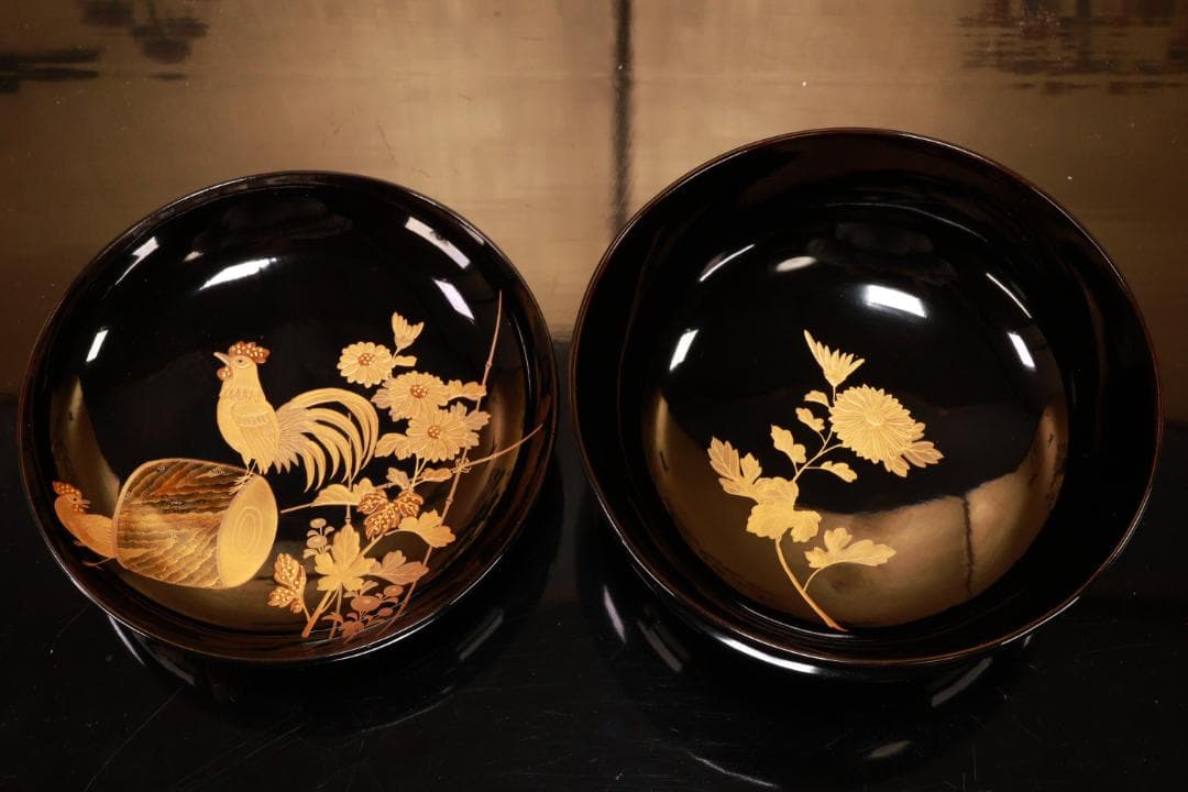 BJ133　時代輪島　加賀蒔絵　鶏図　吸物椀　一客　木製　茶道具 懐石 会席