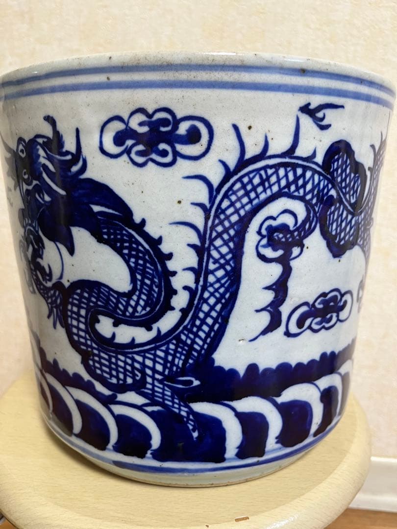 中国清代染付鉢　特大　香炉　筆立　昇龍　縁起物　運気上昇