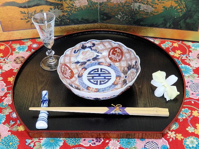 古伊万里　金襴手　菊花四方襷紋に吉祥紋の図　膾皿　2客　D960AS-fbtt