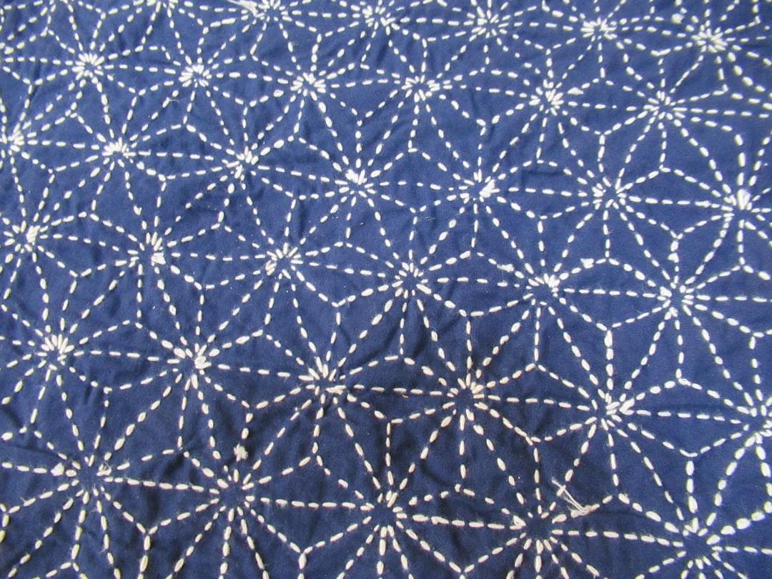 未使用1940年頃◆縦長4m34cm、横1m6cm 木綿藍染『麻の葉模様』刺し子