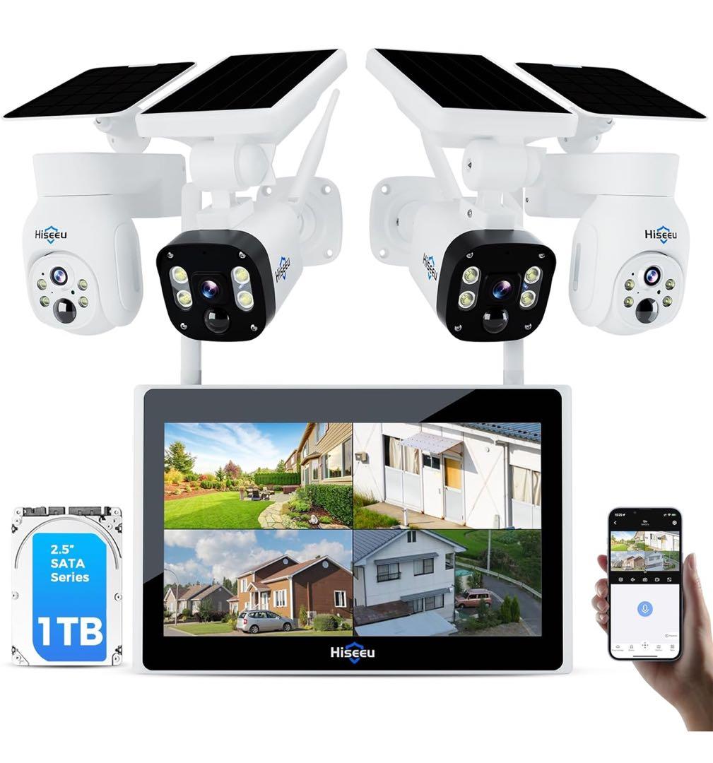 かおり防犯カメラ 電源不要 ソーラーパネルカメラ 4台 液晶付 1TB録画
