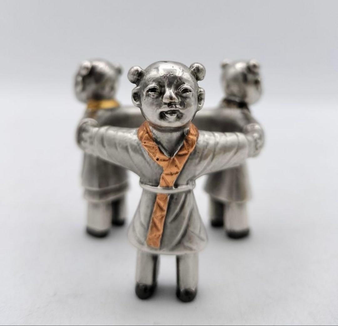 c640 蓋置 銀仕上 三つ人形 金谷浄雲 木箱 茶道具 古物