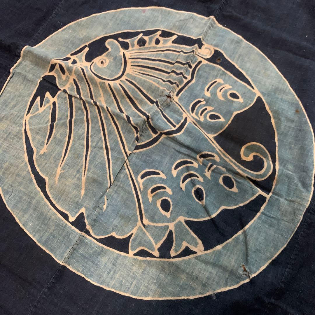 特大！　古布　筒描き　藍染　蝶　浅葱色　幅4枚　丸に揚羽蝶