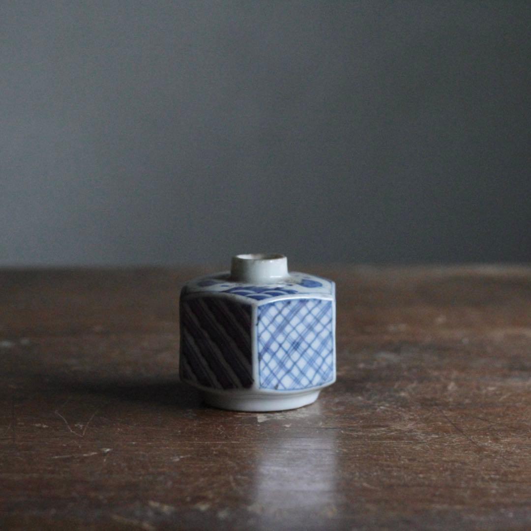 染付 面取 六角 小徳利 波千鳥 小紋柄 古美術 古道具 アンティーク