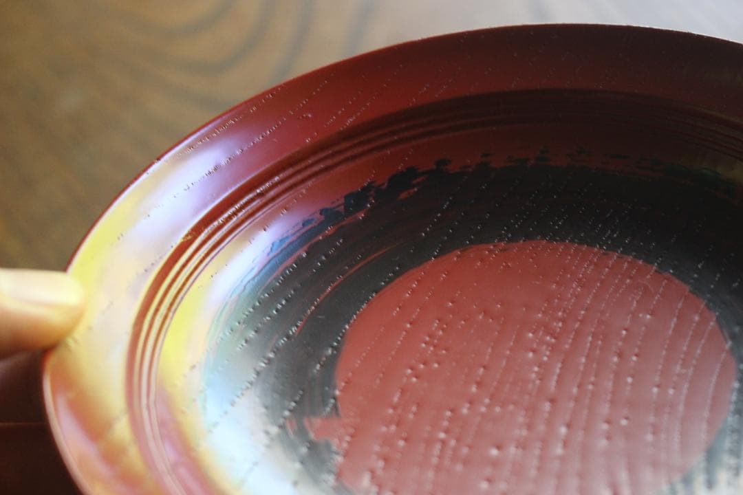 デッドストック！極上搔合朱漆に刷毛目黒漆円相文の美しい台付丸盆（検輪島塗菓子器