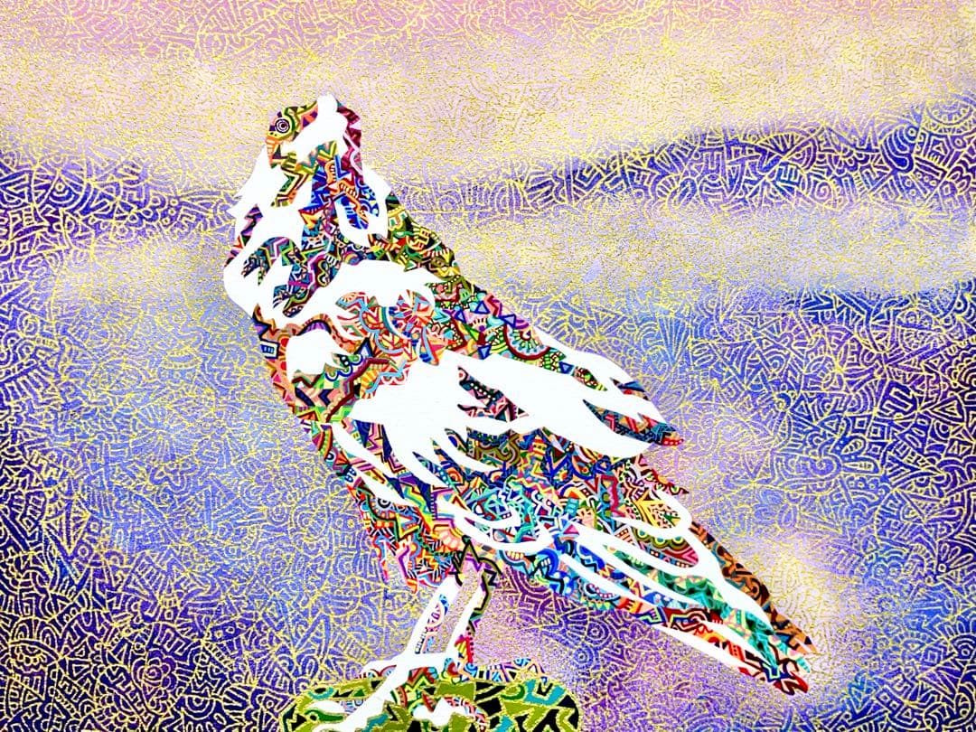 値下げ　原画　カラス　鳥　動物画　絵画　アクリル画　現代アート　細密画　一点物