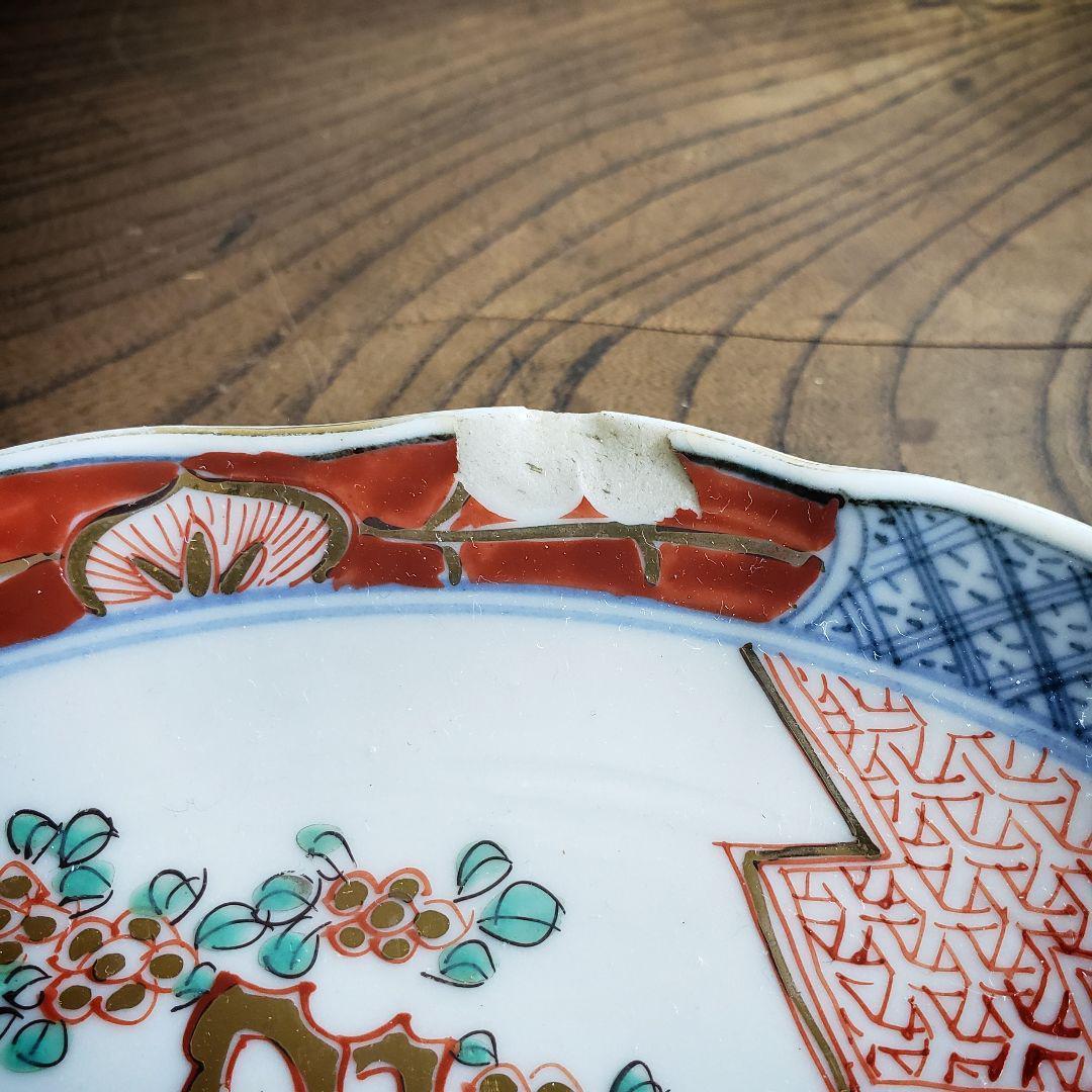 皿 古伊万里 明治 大正 色絵付 金彩 松竹梅 梅 花唐草 訳あり 欠け