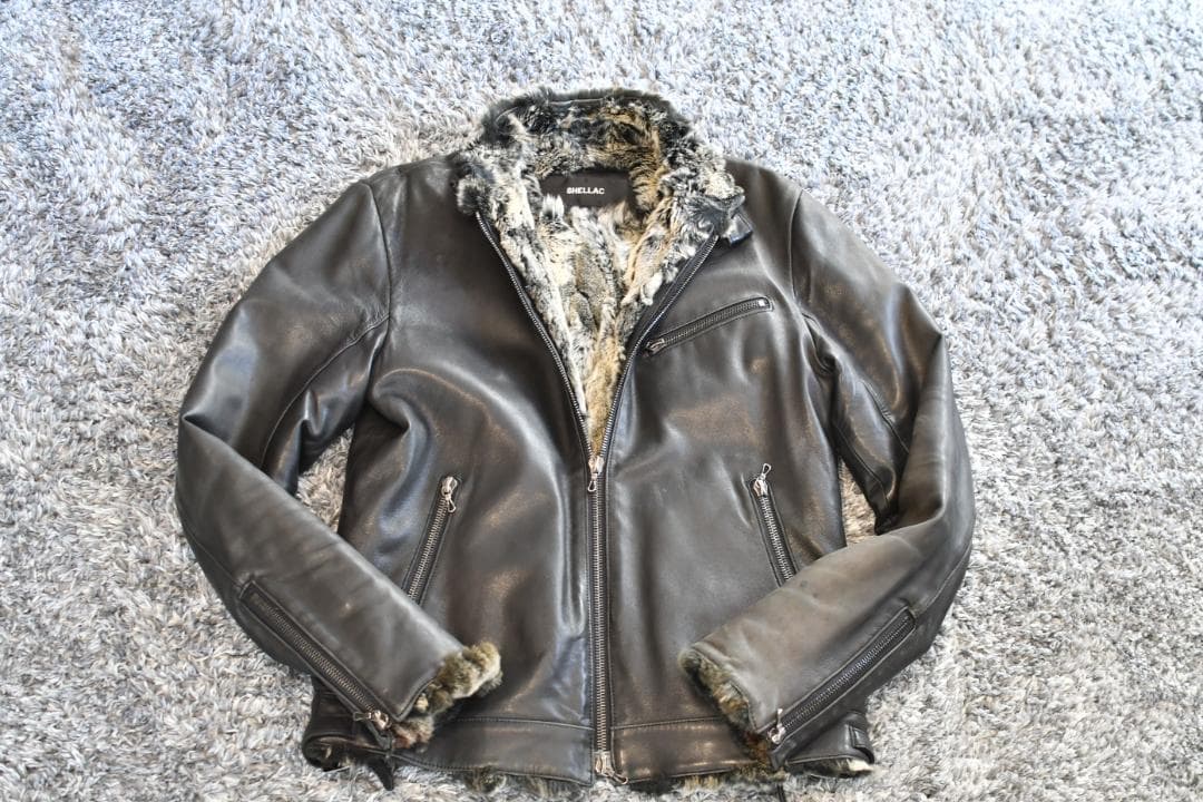 SHELLAC 羊革ライダースジャケット 総裏 ラビットファー 50