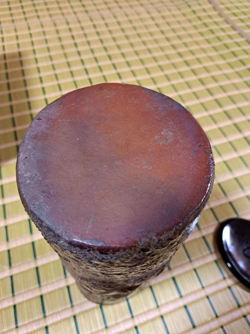 【希少】備前焼　唐獅子紋　芍薬　花入れ　大塩光斉塗蓋　水差し　骨董　工芸品