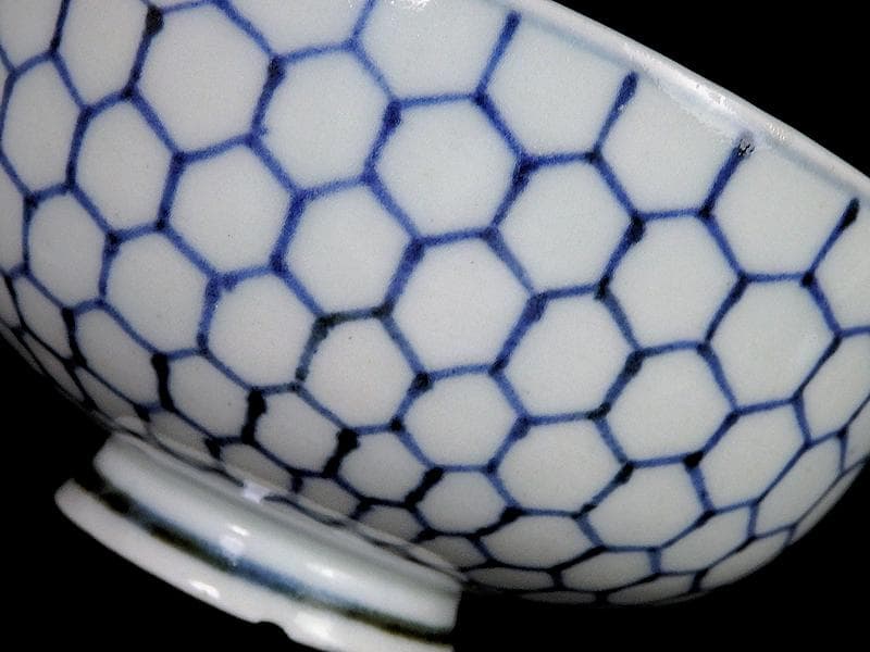 古伊万里　染付　亀甲紋の図　蓋茶碗　江戸期　E212AS-fbip