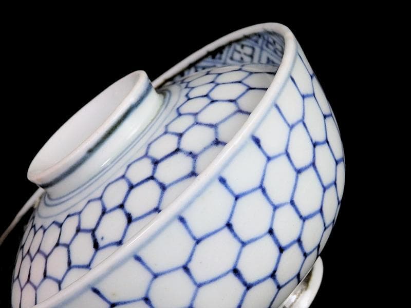 古伊万里　染付　亀甲紋の図　蓋茶碗　江戸期　E212AS-fbip