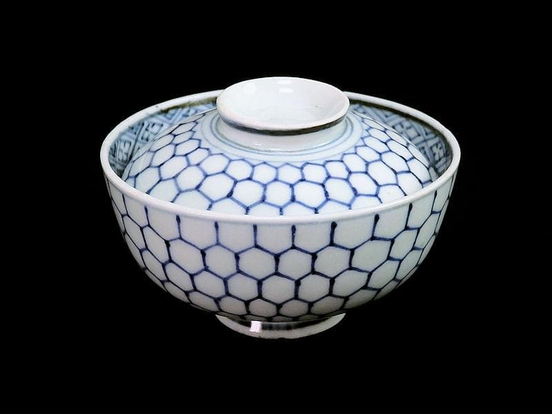 古伊万里　染付　亀甲紋の図　蓋茶碗　江戸期　E212AS-fbip