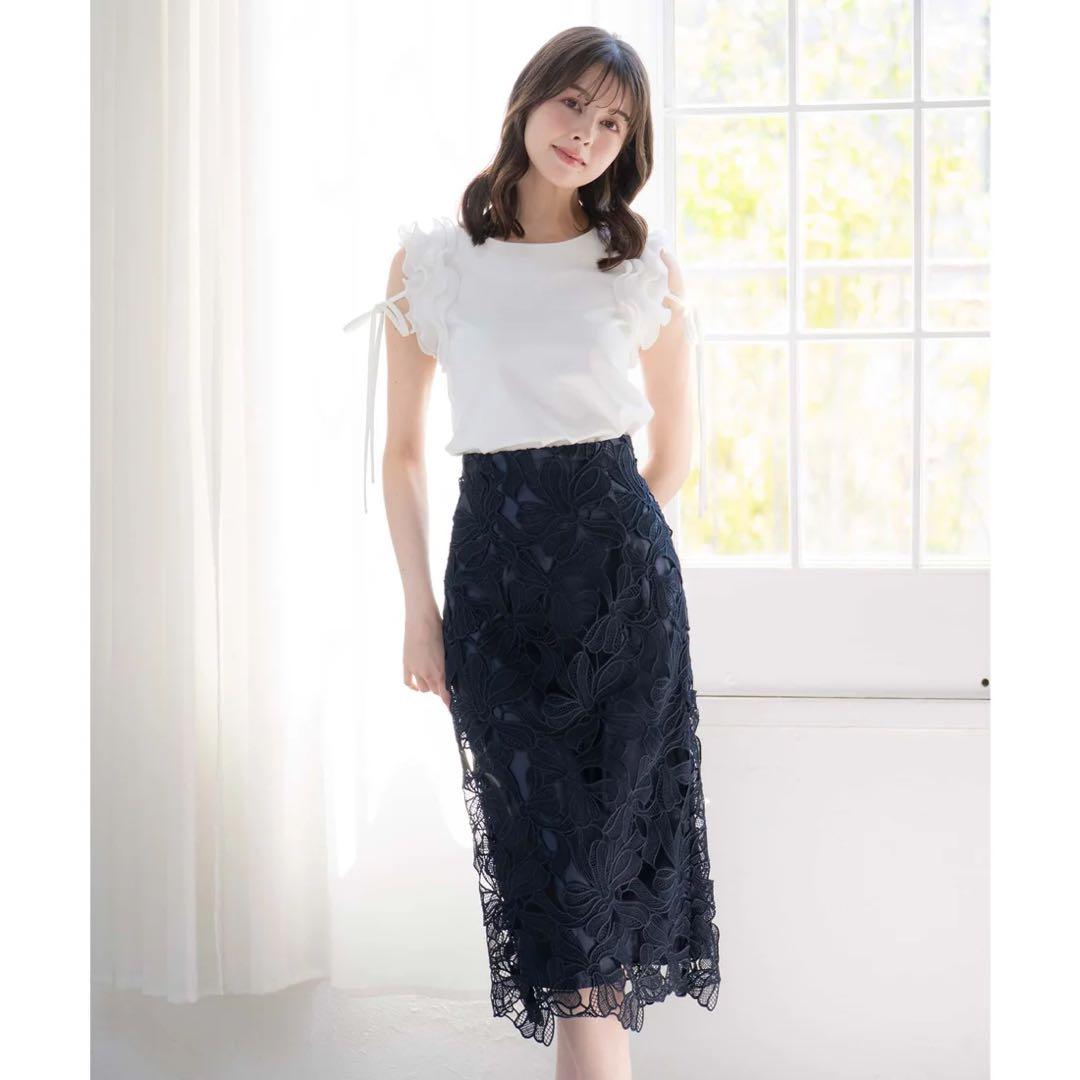 ノエラ　noela リボン　レース　タイト　スカート　通勤　ネイビー　紺