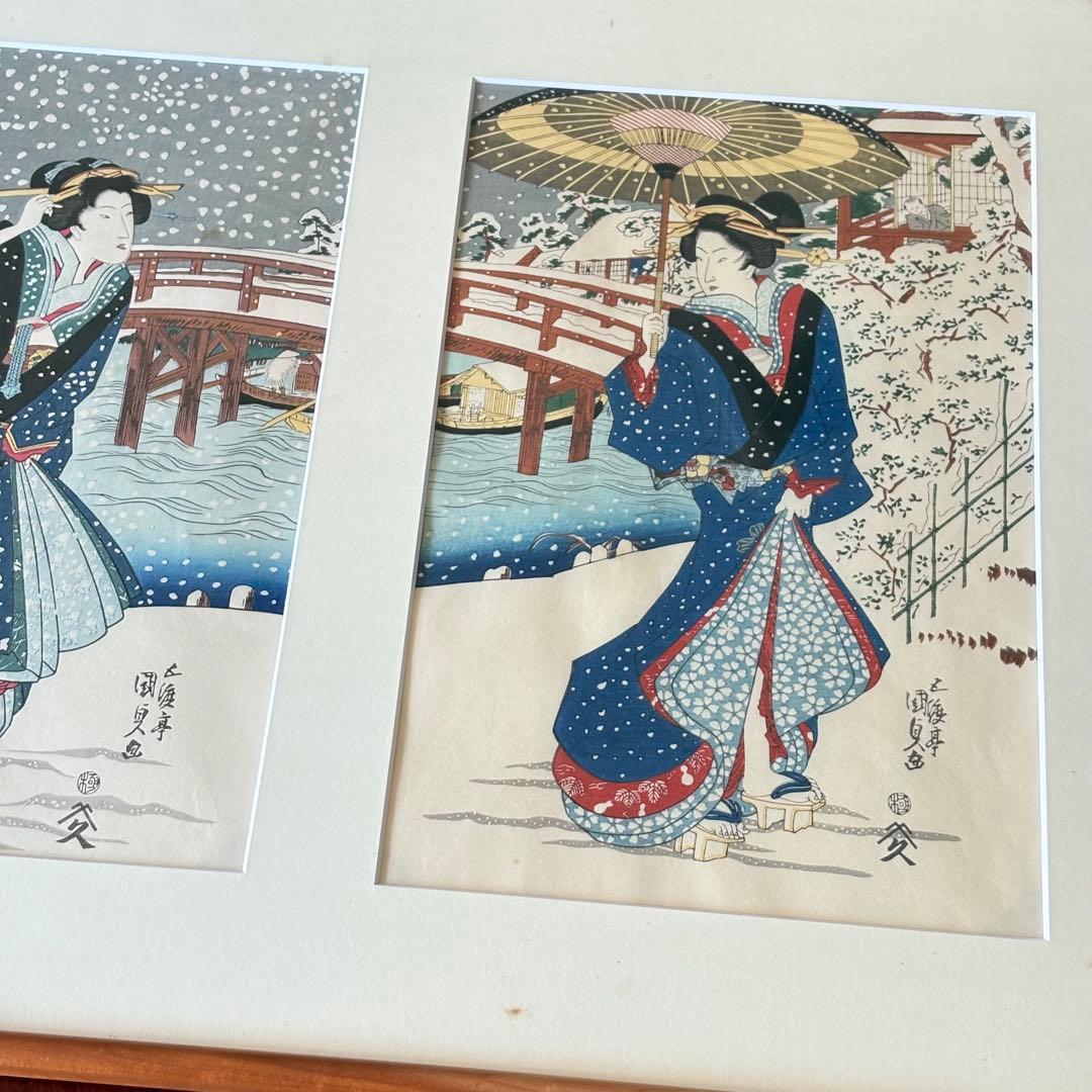 木版画 浮世絵 歌川国貞 江戸八景 木母寺の暮雪 3枚続 額装 大判 錦絵 美人