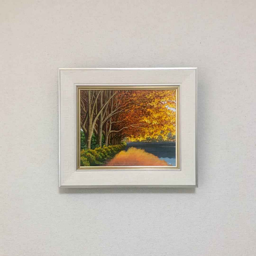 アクリル画　原画　「秋の湖畔」額縁付　F3サイズ　キャンバス　風景画