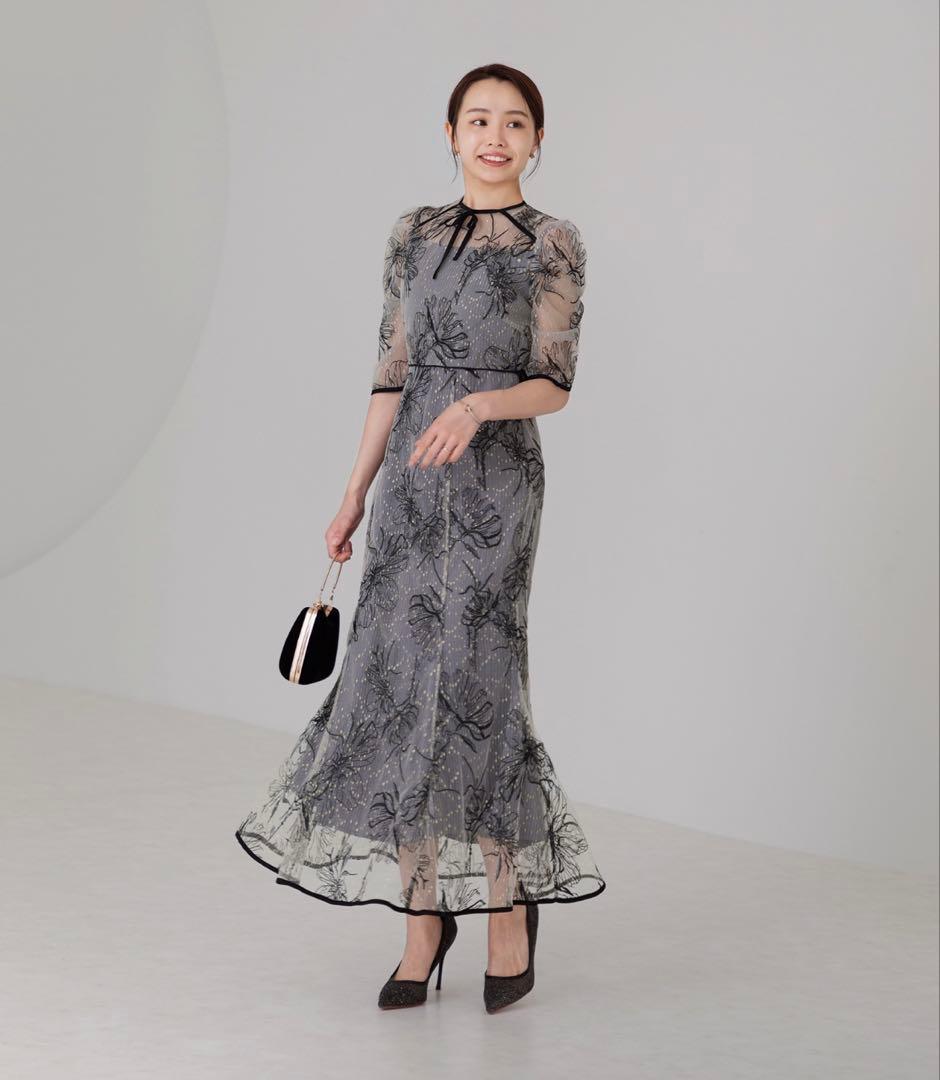 LEJA 花柄刺繍レースドレス　グレー