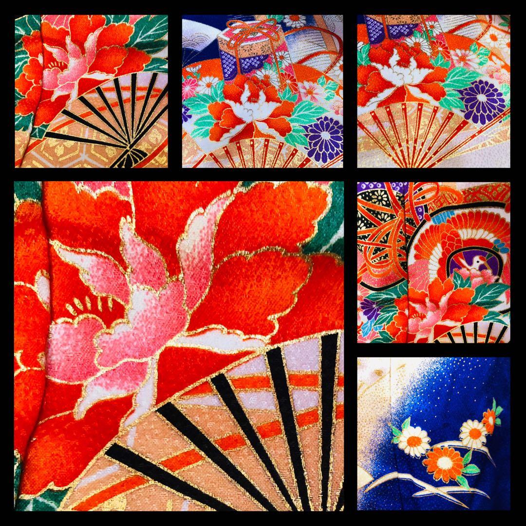 七五三7歳❣️人気Blue暈し古典柄❣️扇熨斗花々金彩煌びやか際立つ完全フルセット❣️