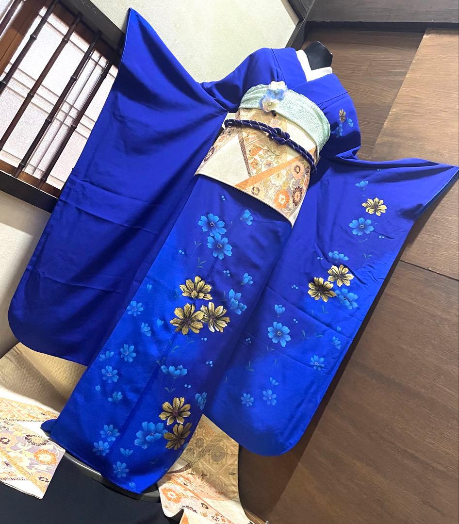 振袖 フルセット6点サイズM〜Ｌ草花文　銀駒彩　正絹