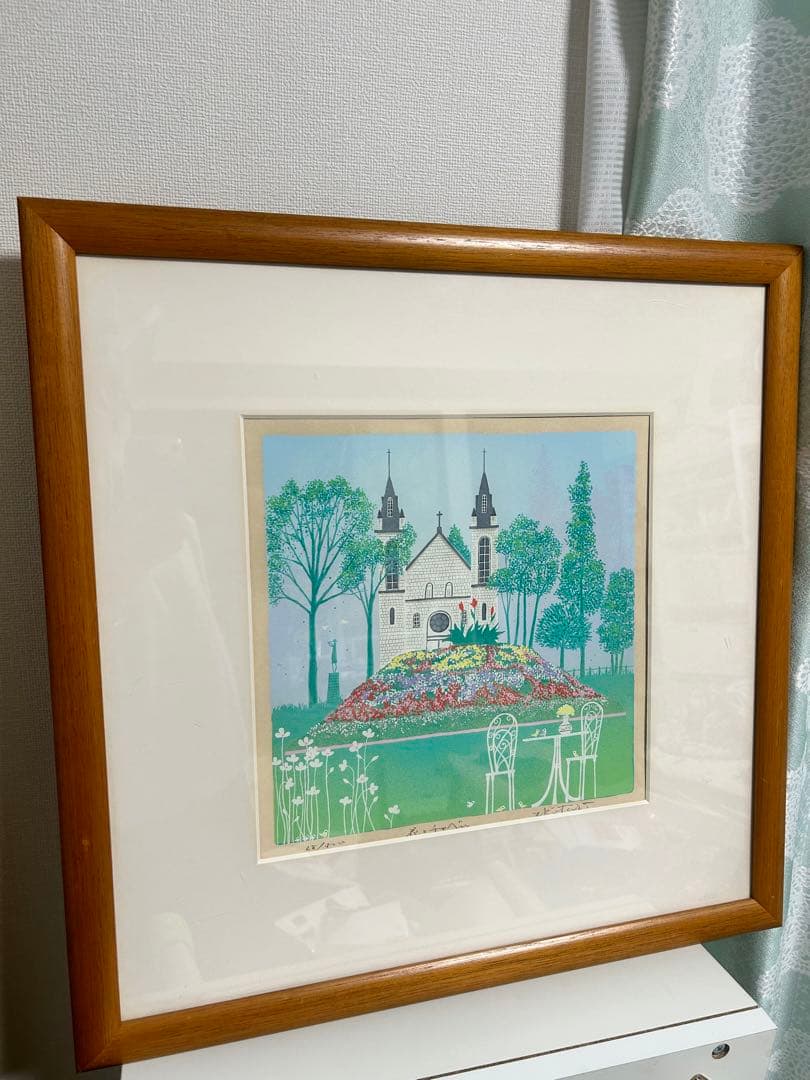 花とチャペル　小鳥　緑　吉岡浩太郎　額付き絵画シルクスクリーン初代