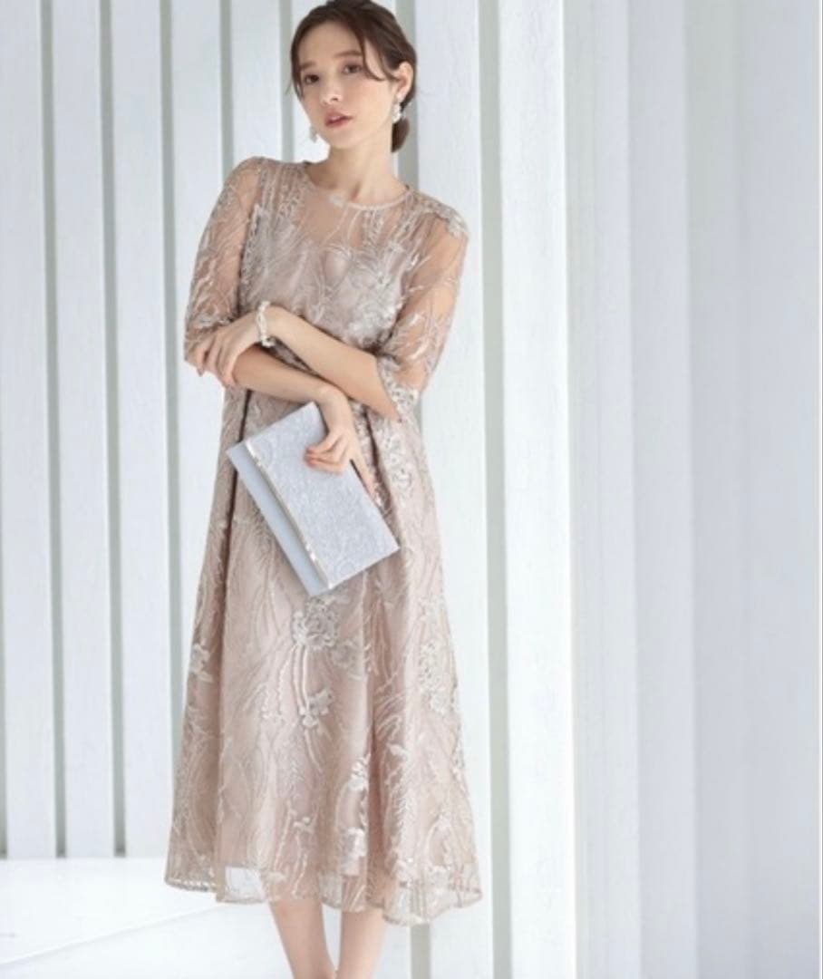 ベージュ レース パーティードレス 半袖 膝丈