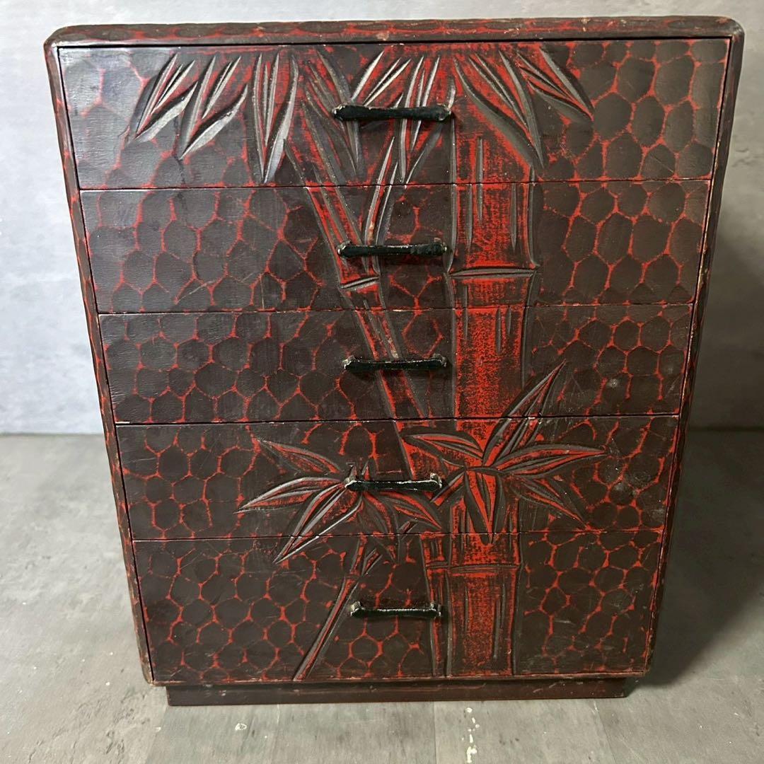 和箪笥 小引き出し 5段 漆調 竹柄 木製 和風インテリア