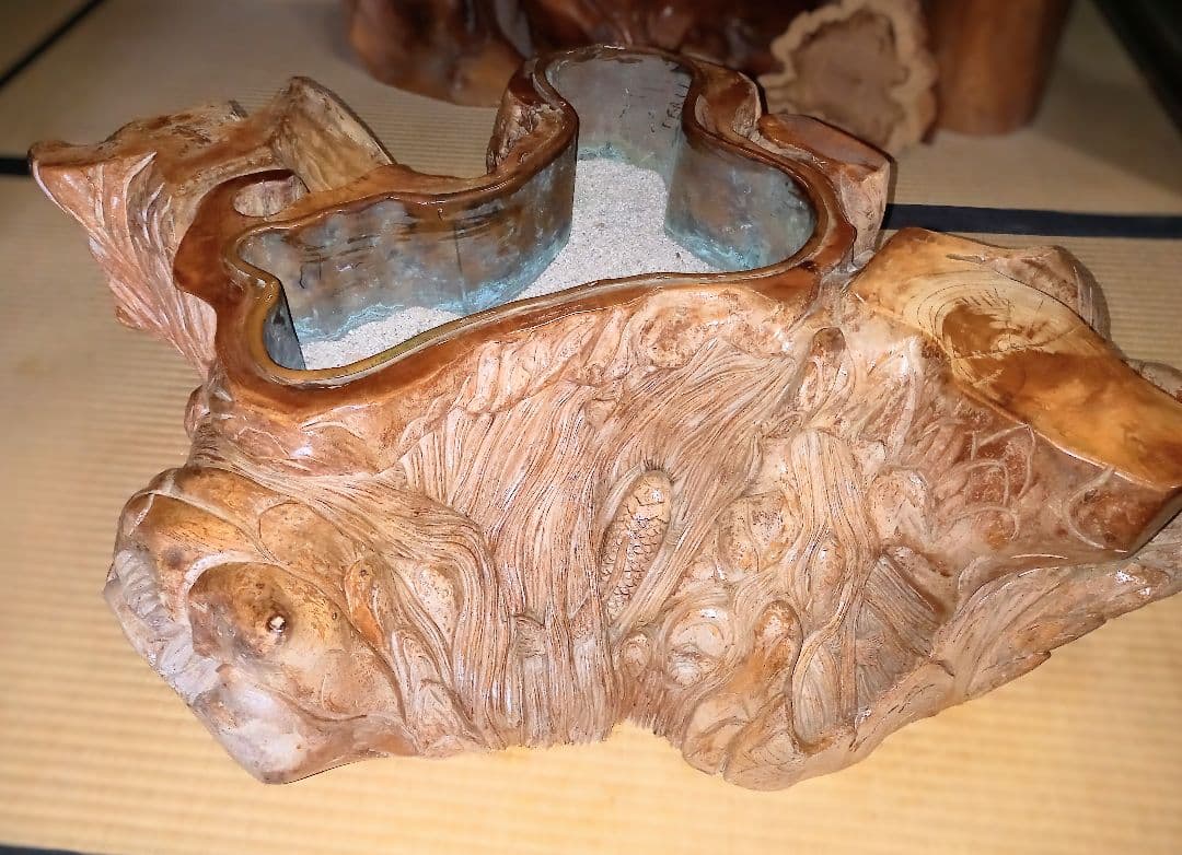 火鉢 彫刻 インテリア装飾 鯉の滝登り 無垢材 一刀彫 欅 地松 国産材