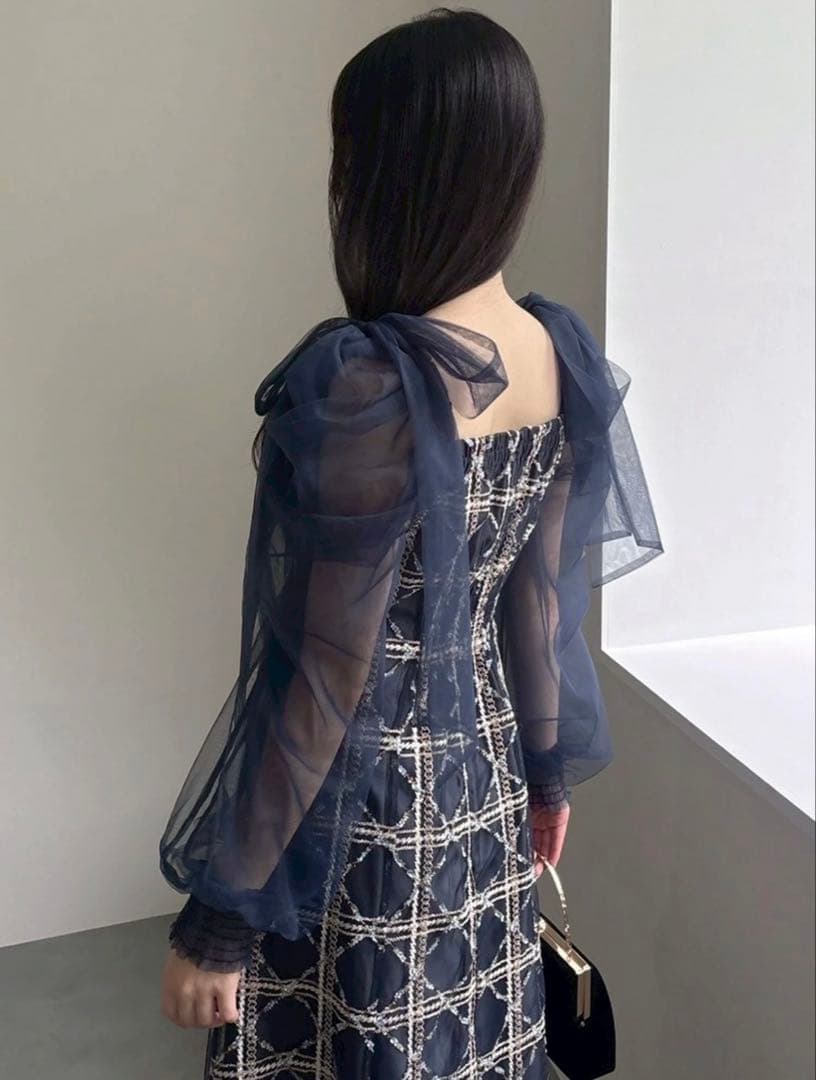 dazzlin レースリボンオフショルドレス ネイビー