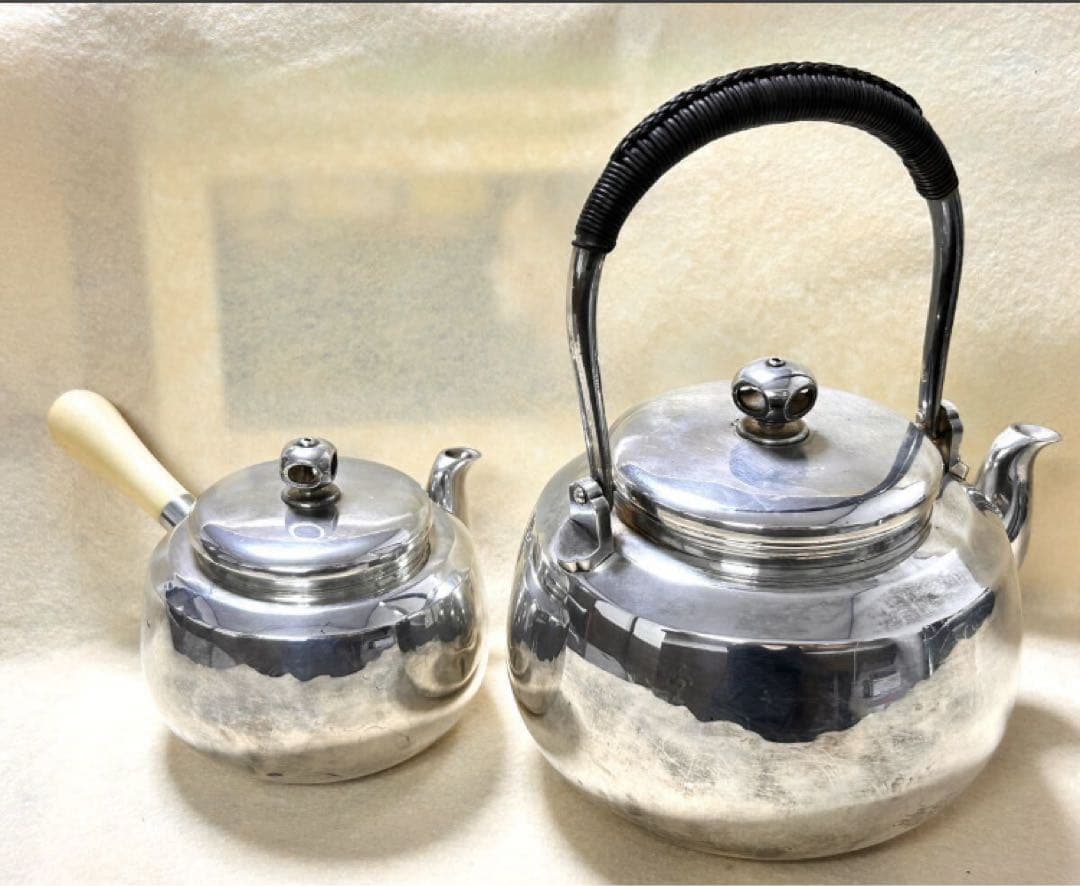 尚美堂 銀製 厚板 横手急須 煎茶道具 湯沸 銀瓶 2点セット