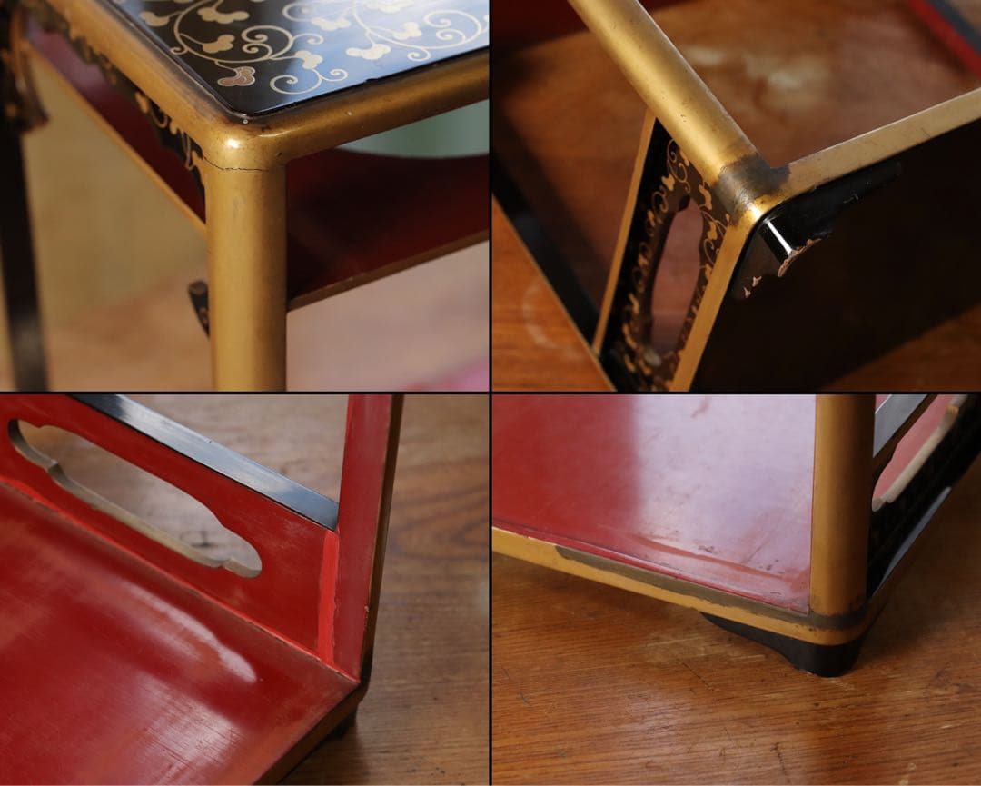 井上鷹の羽家紋　野弁当一式　時代漆芸　漆塗　金蒔絵　唐草　木製　提重