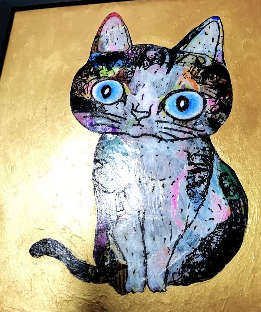 額付き銅版画応用絵画　「ひらめき猫」