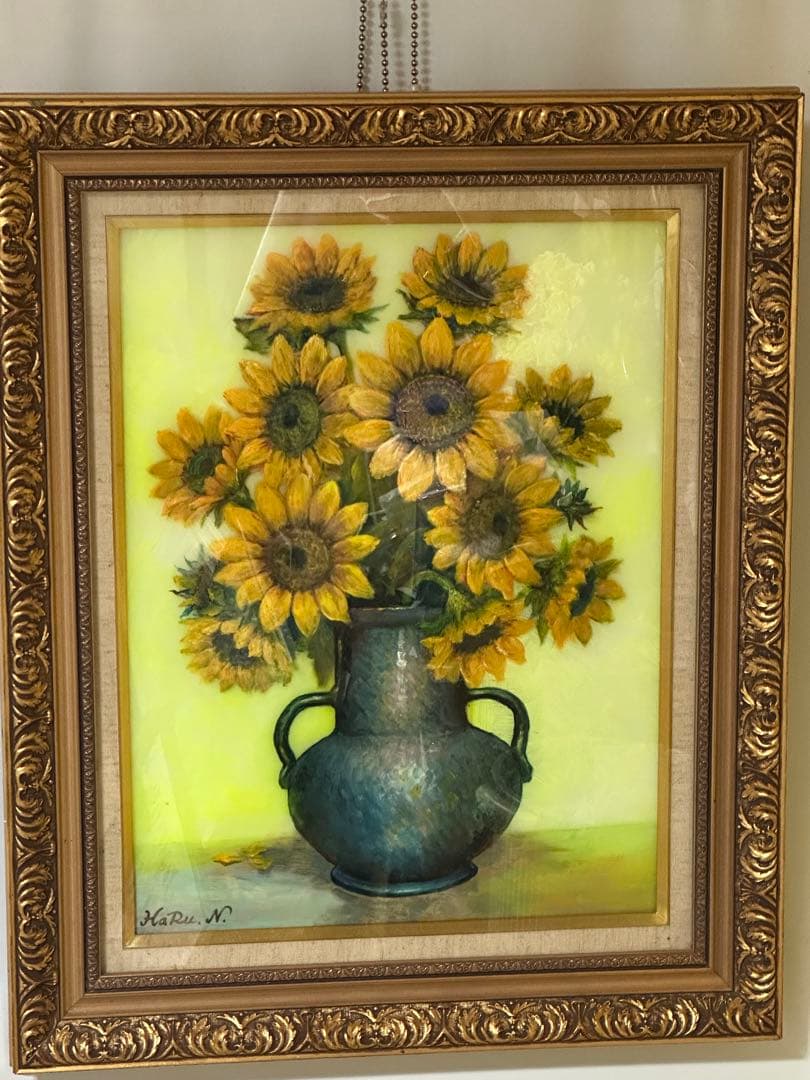 肉筆　油彩　真作　絵画　油絵　美術品　ひまわり　花　静物画　インテリア　ア-ト