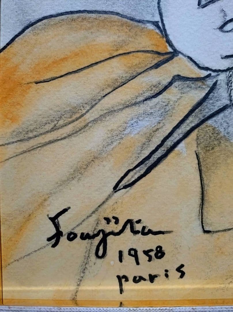 【F6号】藤田嗣治【猫を抱く少女】手描き/サイン・鑑定書有り/鉛筆/ペン/水彩