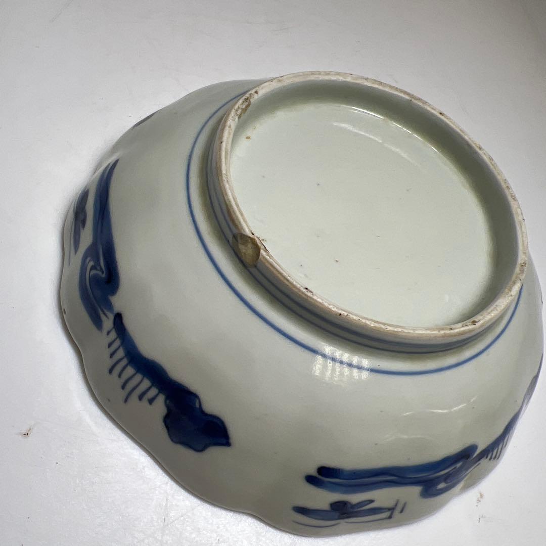 古伊万里　輪花染付膾皿9客　木箱付　幅約15.5㎝　東Y7-0924⑤タサチ