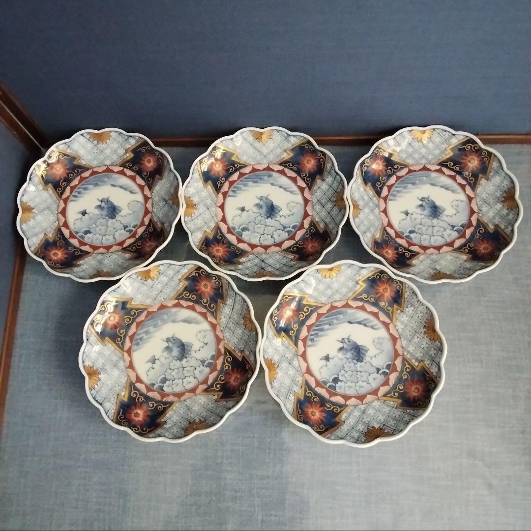 献上手書き伊万里焼　五寸皿　登り鯉　５枚